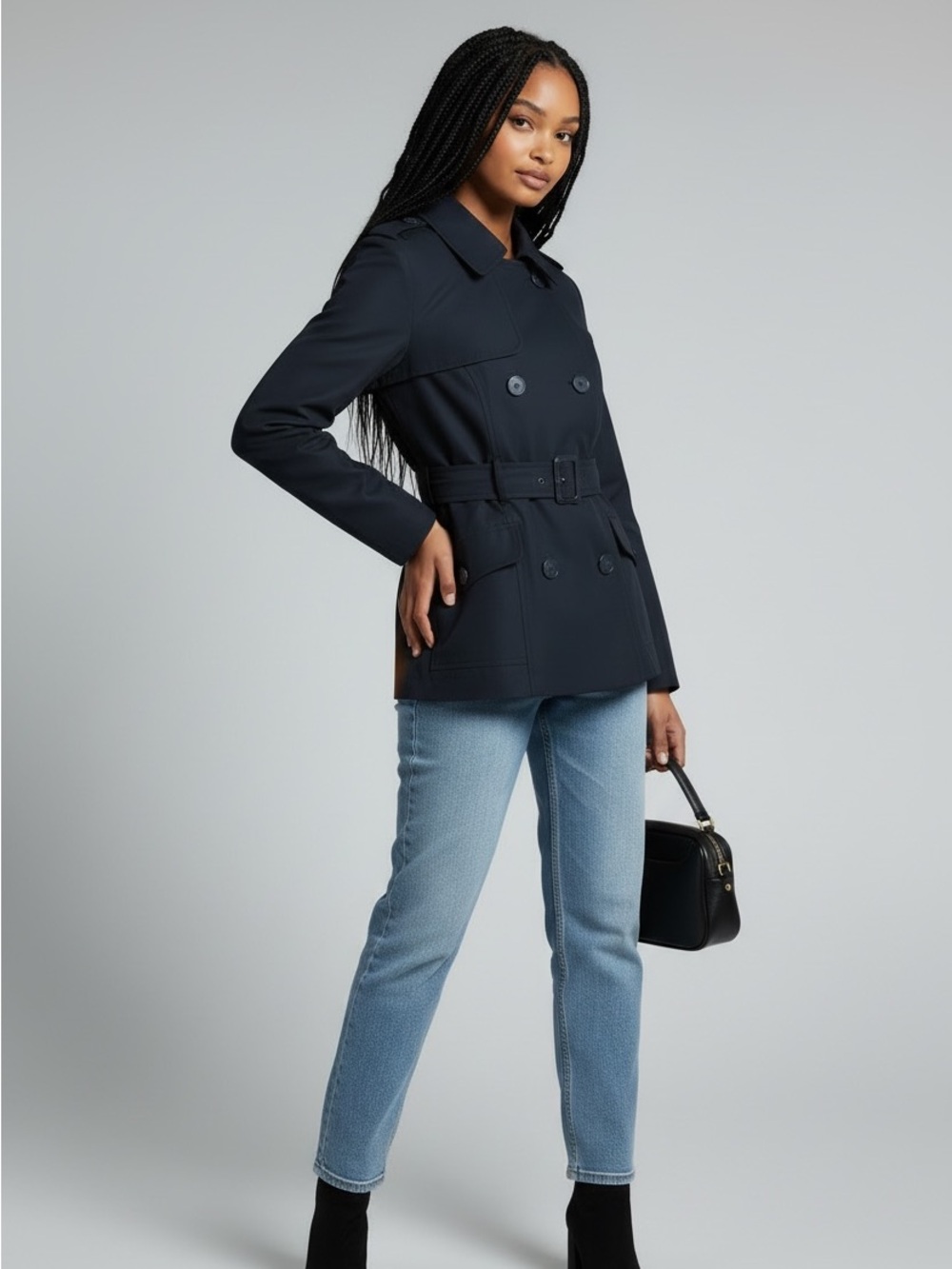 Forever 21 Women's Black Double-Breasted cropped Trench Coat with Belt size S